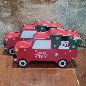 Figural Truck Snowman Let It Snow Cookie Tin Storage Box Set of 2